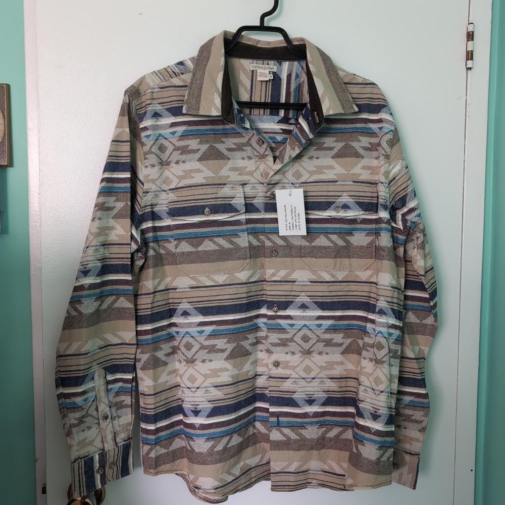 🍁Carbon2cobalt Men's Patterned Button Down- Beige and Blue
